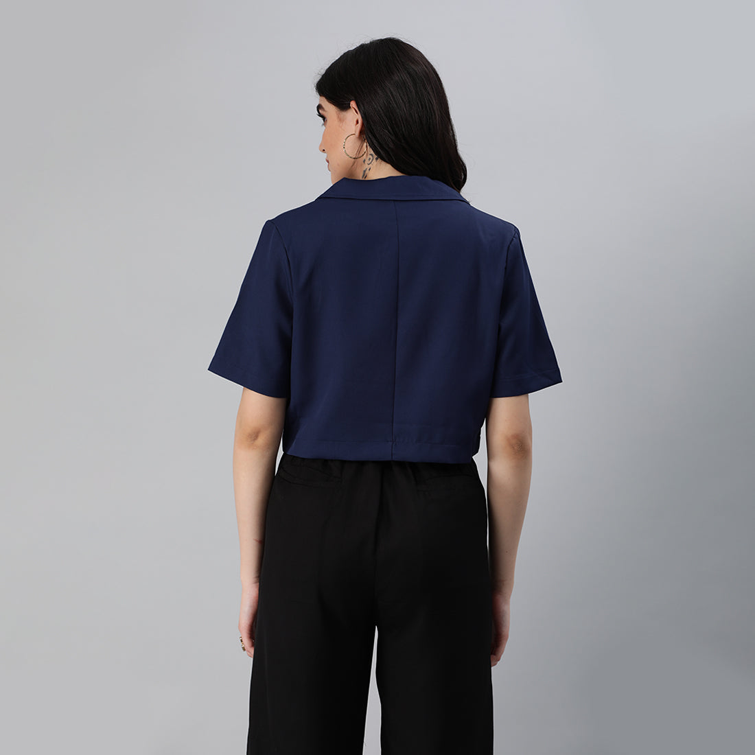 short sleeved cropped blazer jacket#color_navy