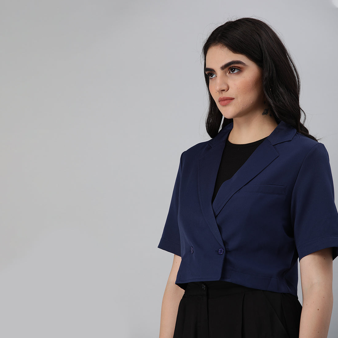 short sleeved cropped blazer jacket#color_navy
