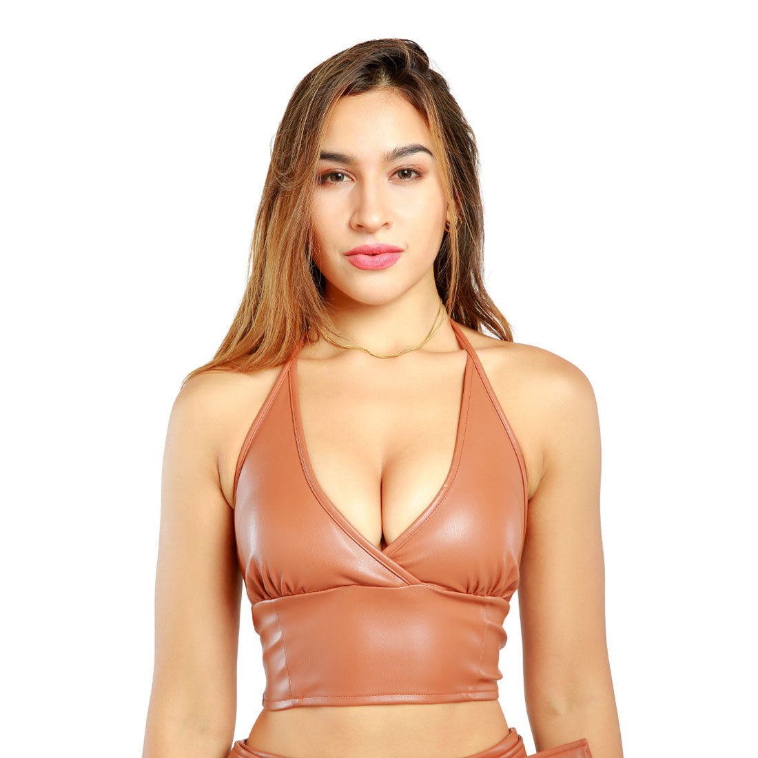 sleeveless knot halter top#color_tan