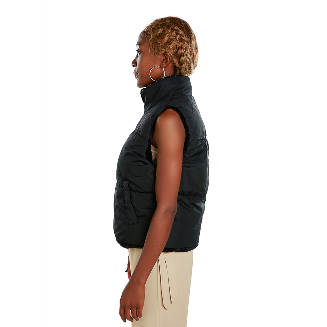 zipper reversible sleeveless jacket#color_black