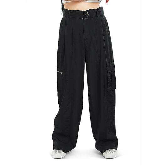 relaxed woven cargo pants with belt#color_black