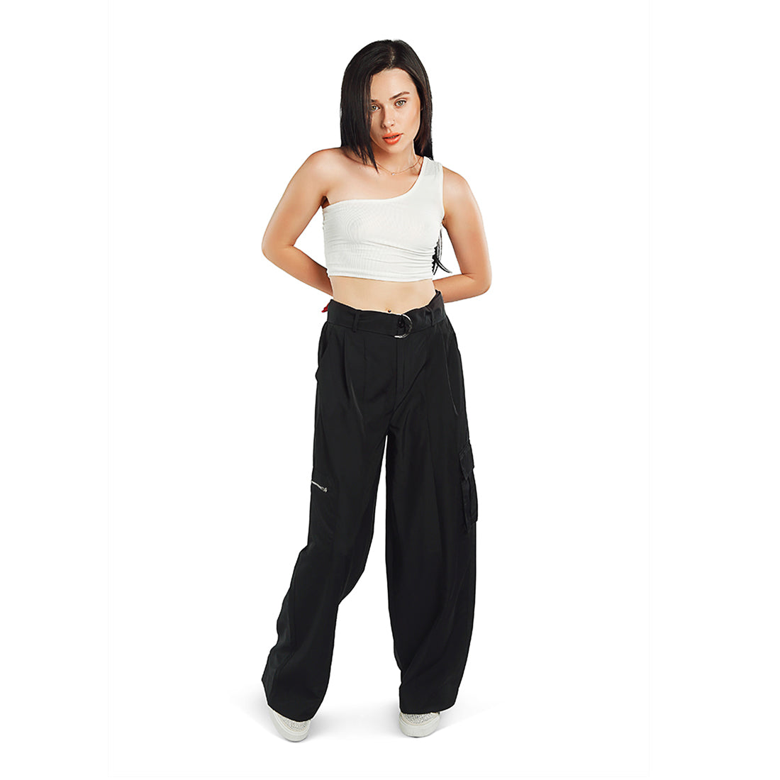 relaxed woven cargo pants with belt#color_black