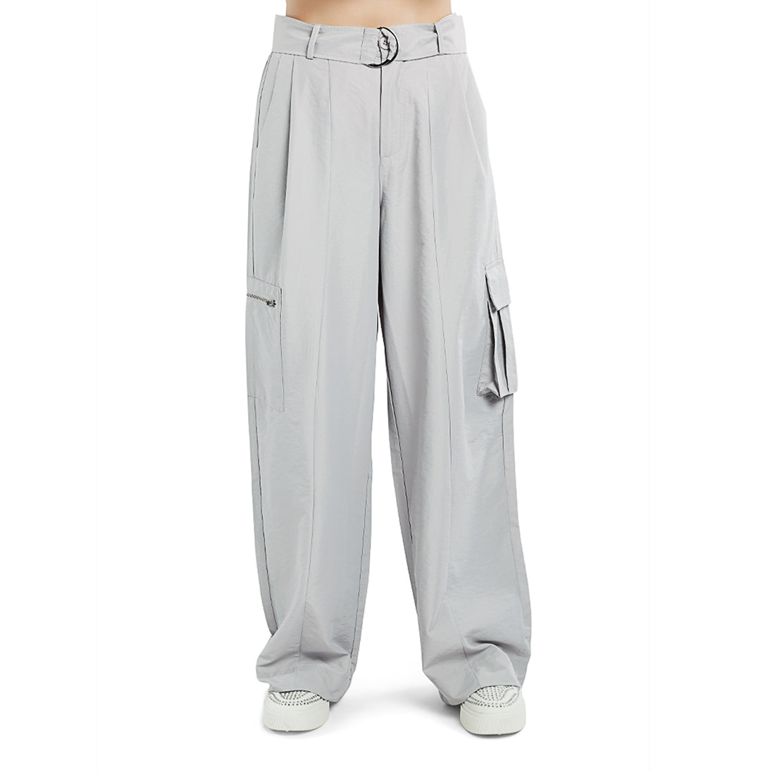 relaxed woven cargo pants with belt#color_grey