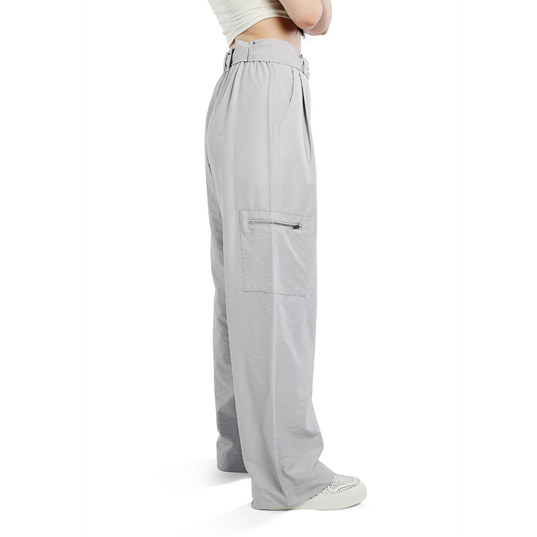 relaxed woven cargo pants with belt#color_grey