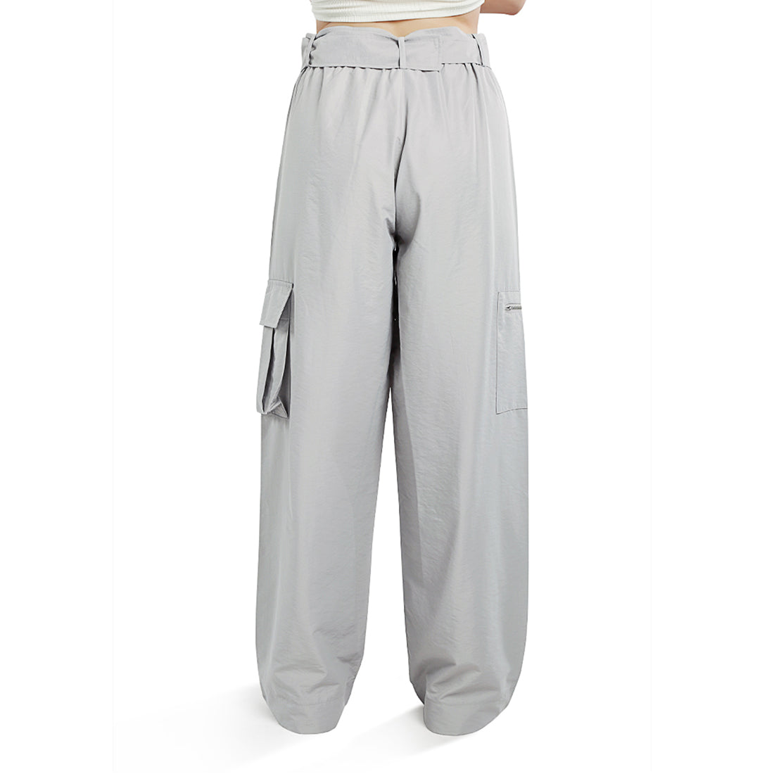 relaxed woven cargo pants with belt#color_grey