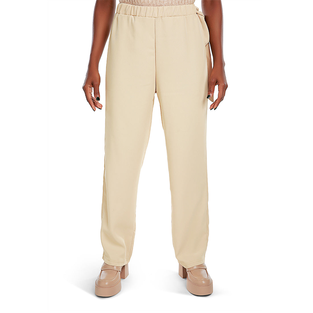 solid waist belt pants#color_khaki