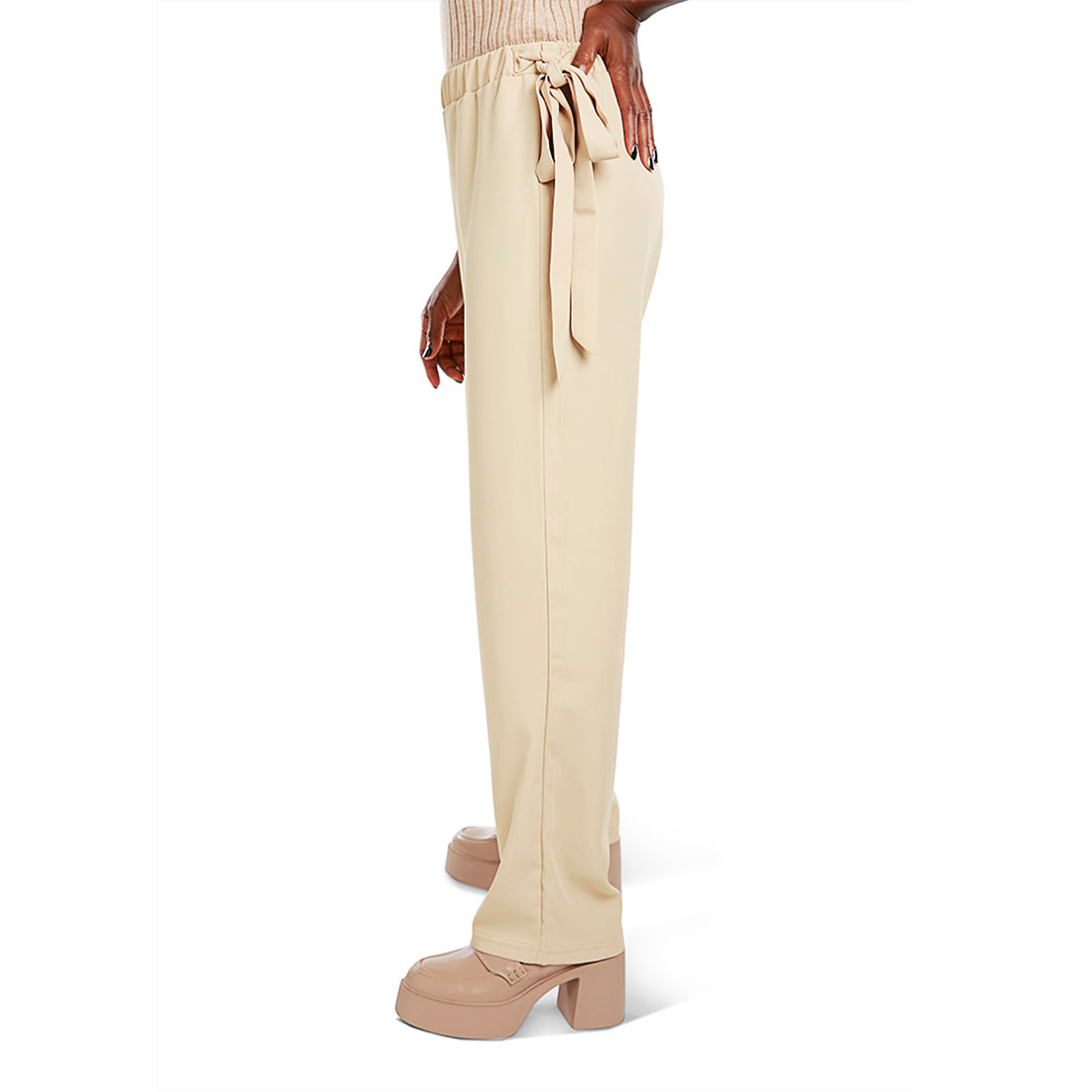 solid waist belt pants#color_khaki