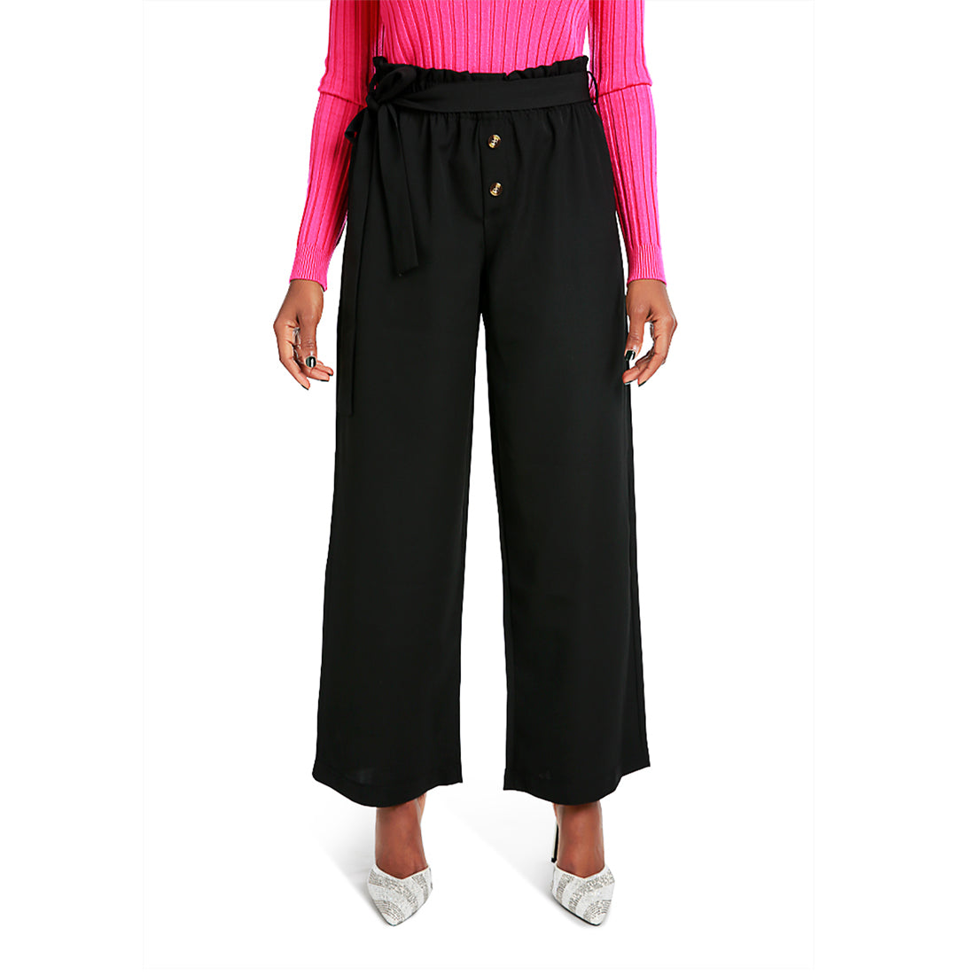 multi button high waisted pants#color_black