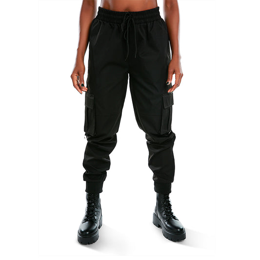 drawstring utility pocket cargo pants#color_black