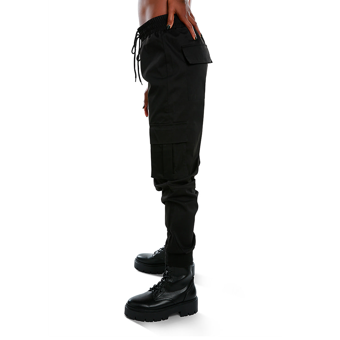 drawstring utility pocket cargo pants#color_black