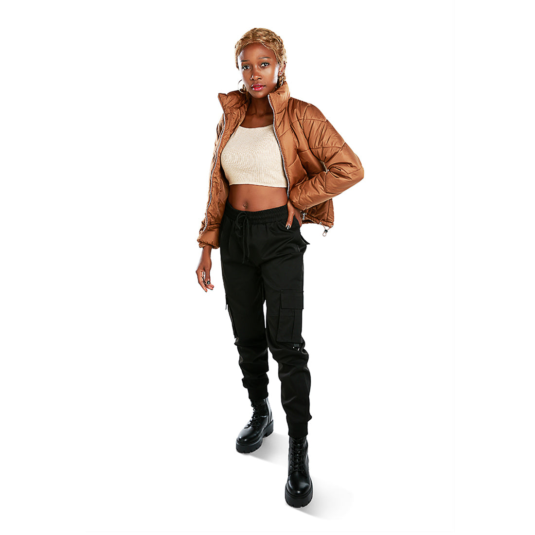 drawstring utility pocket cargo pants#color_black