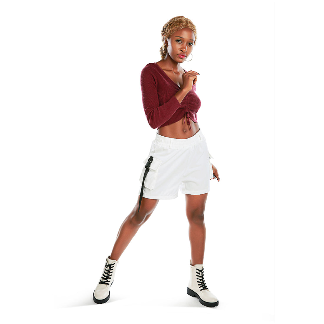 cargo high waisted shorts#color_white