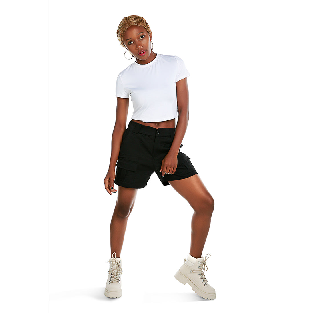 belt loop solid cargo shorts#color_black