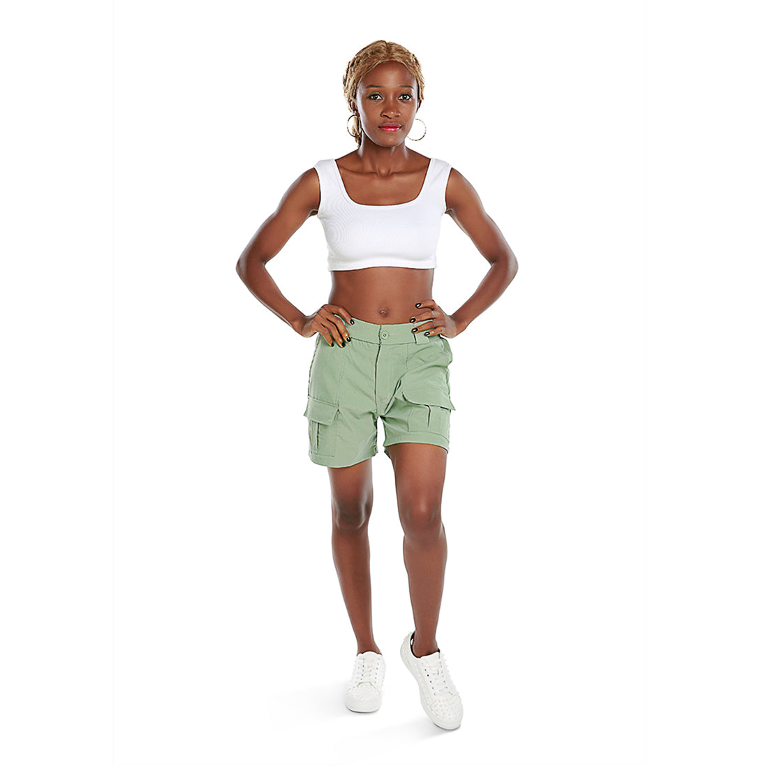 belt loop solid cargo shorts#color_green