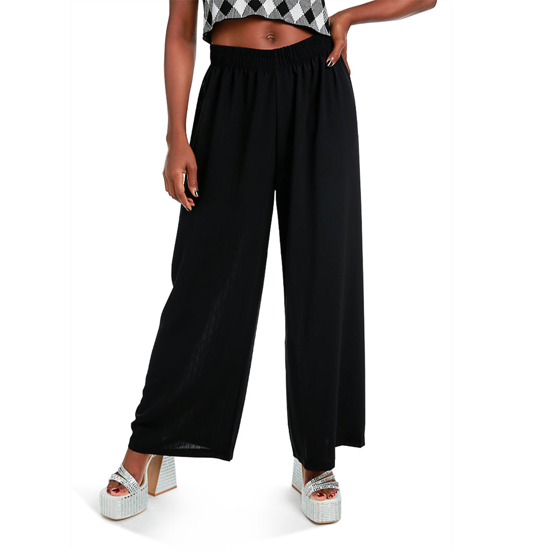 high waisted solid wide trouser pants#color_black