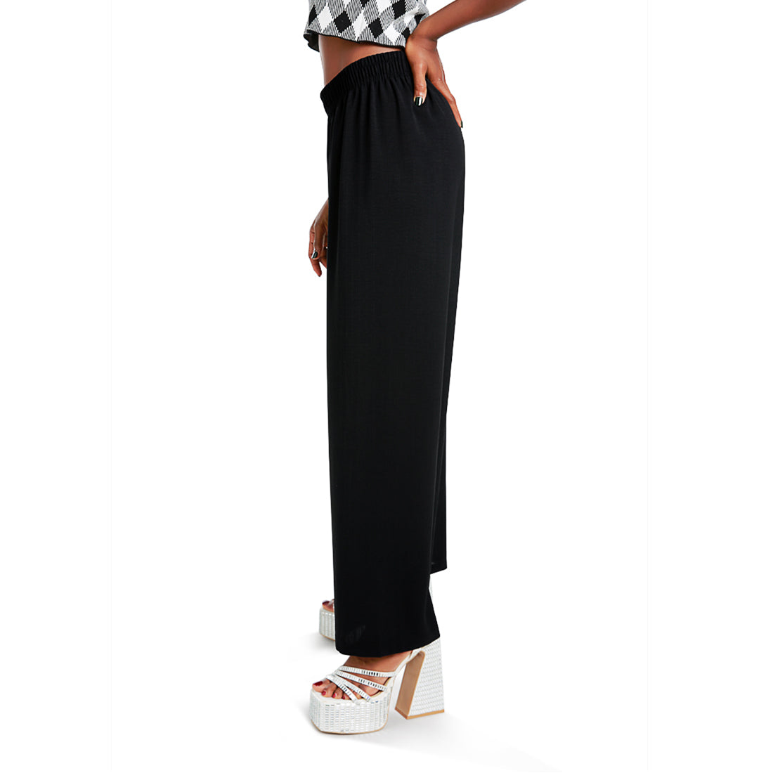 high waisted solid wide trouser pants#color_black