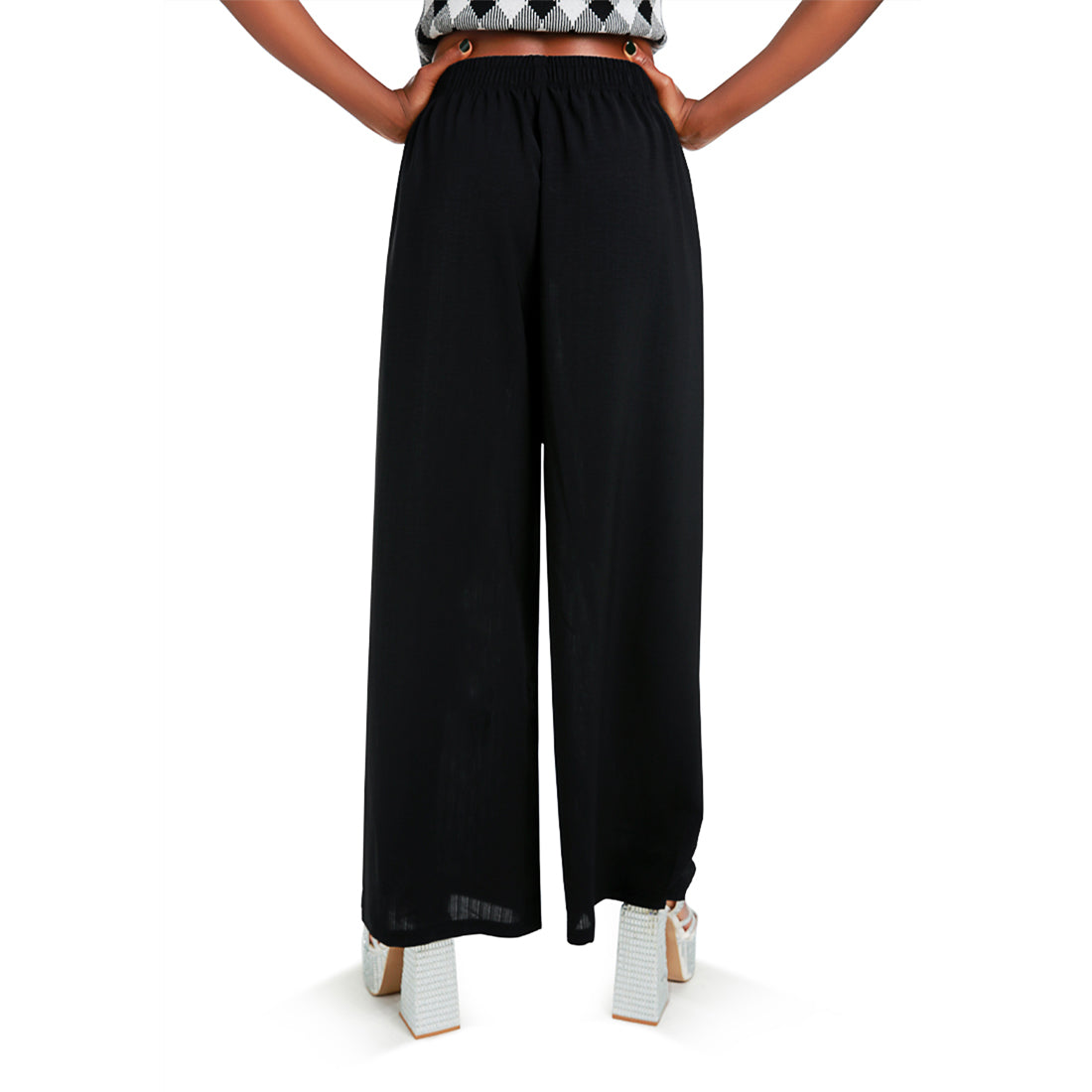 high waisted solid wide trouser pants#color_black