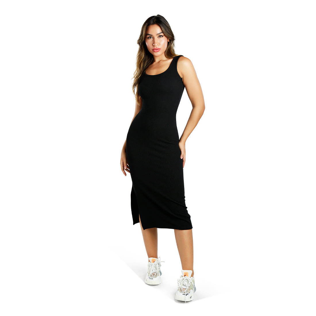 ribbed knit slit tank dress#color_black