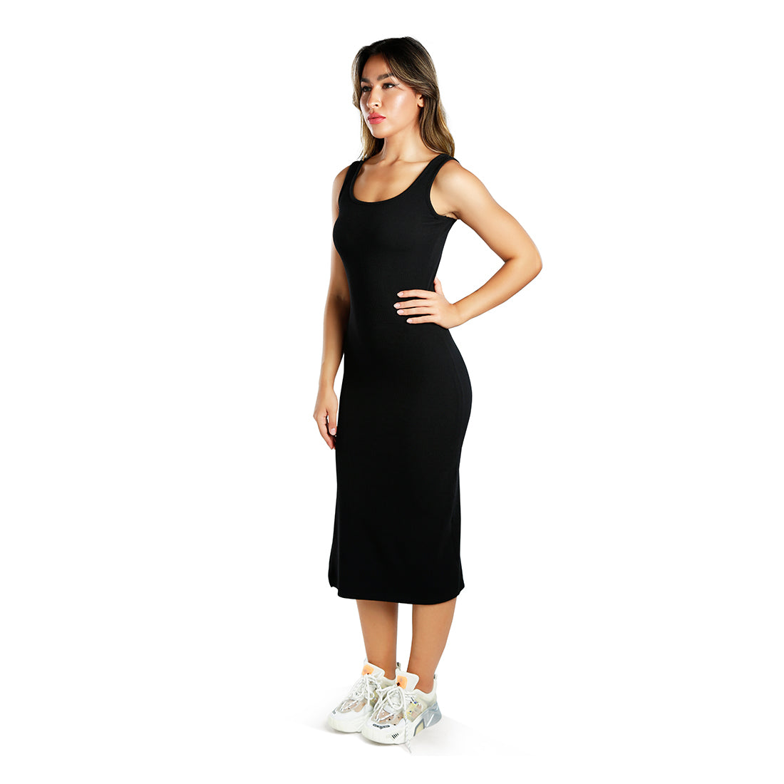 ribbed knit slit tank dress#color_black