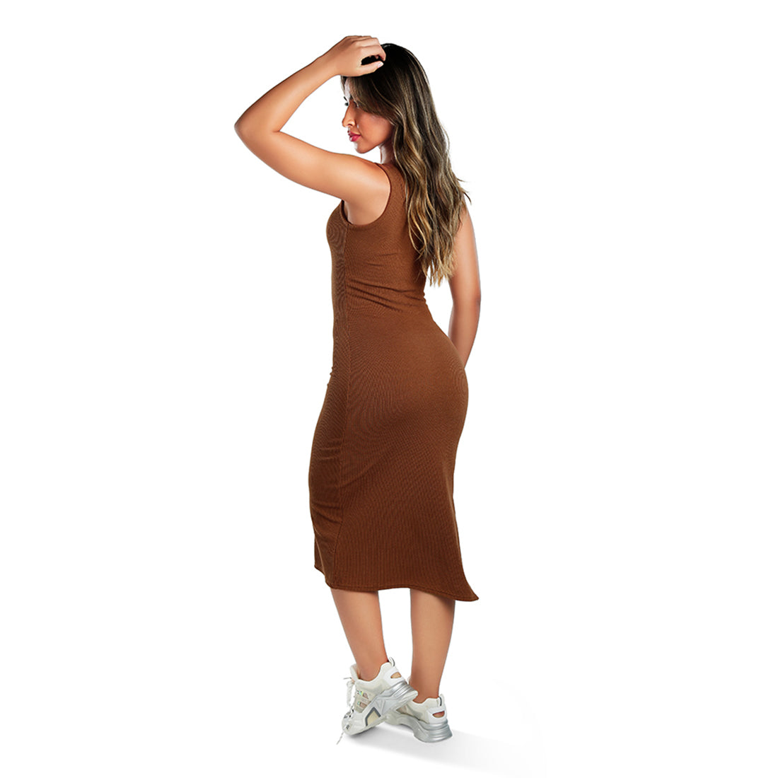 ribbed knit slit tank dress#color_brown