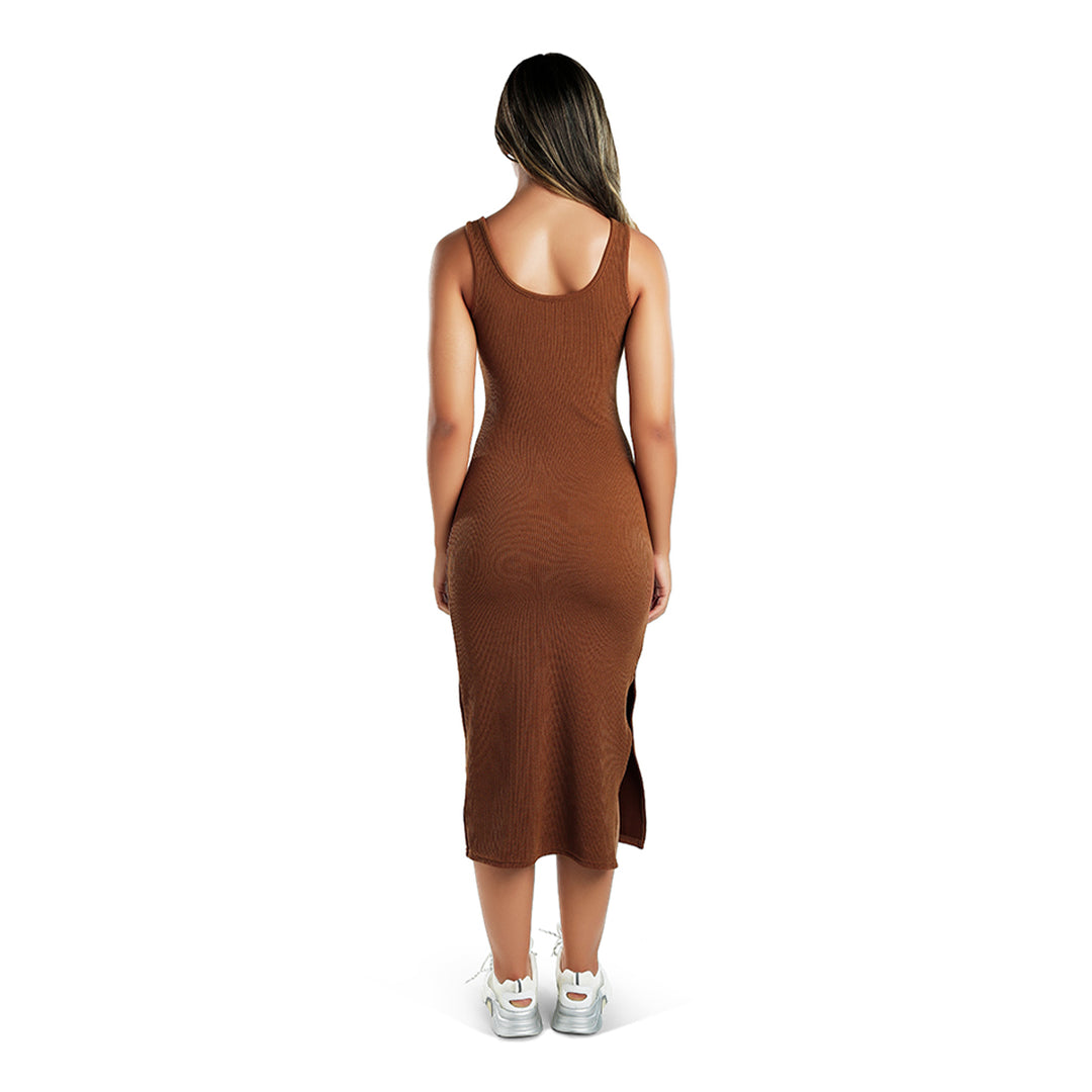 ribbed knit slit tank dress#color_brown