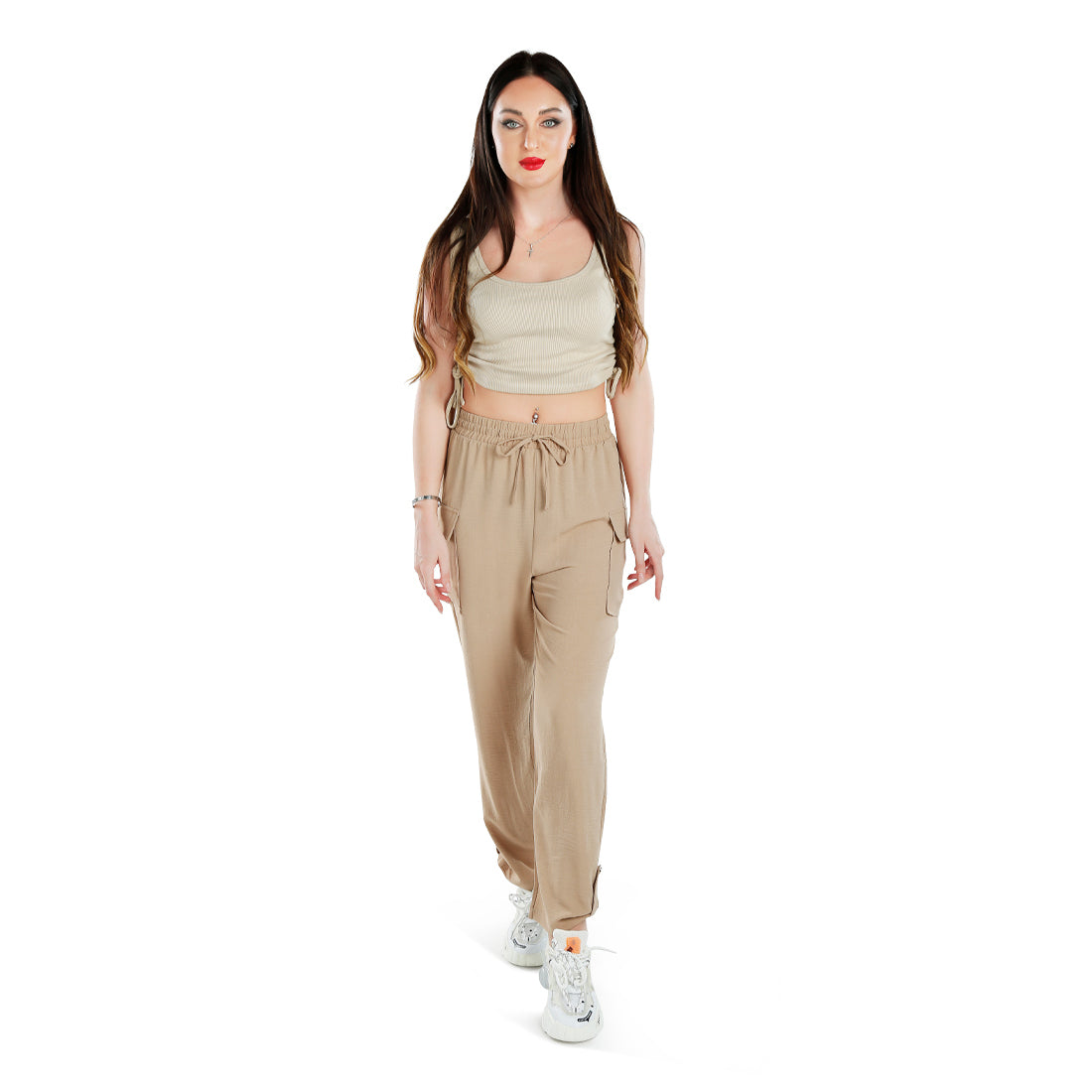 drawstring waistband cargo pants#color_beige