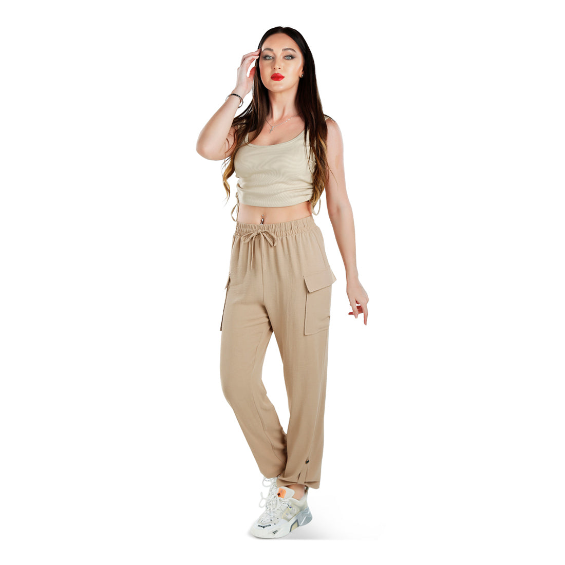 drawstring waistband cargo pants#color_beige