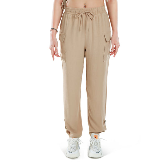drawstring waistband cargo pants#color_beige
