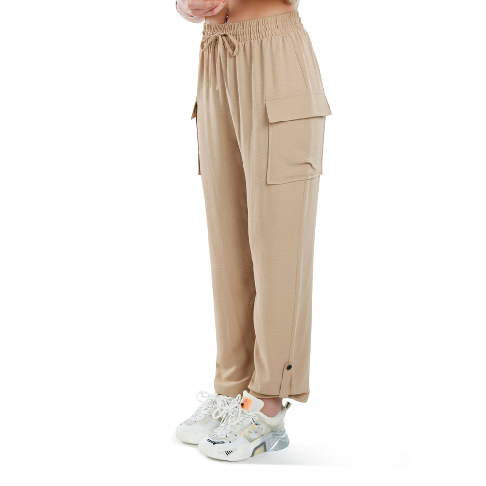 drawstring waistband cargo pants#color_beige