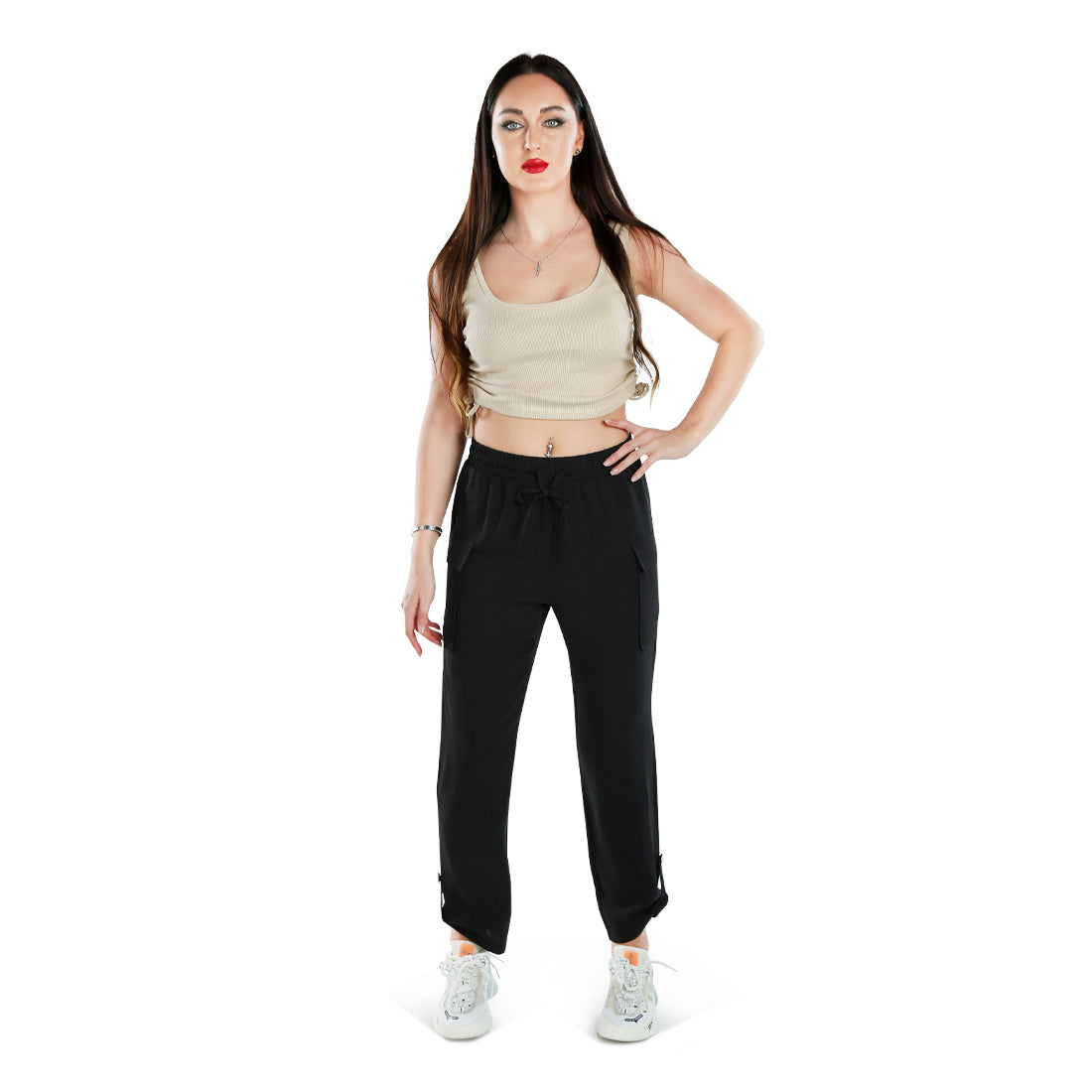 drawstring waistband cargo pants#color_black