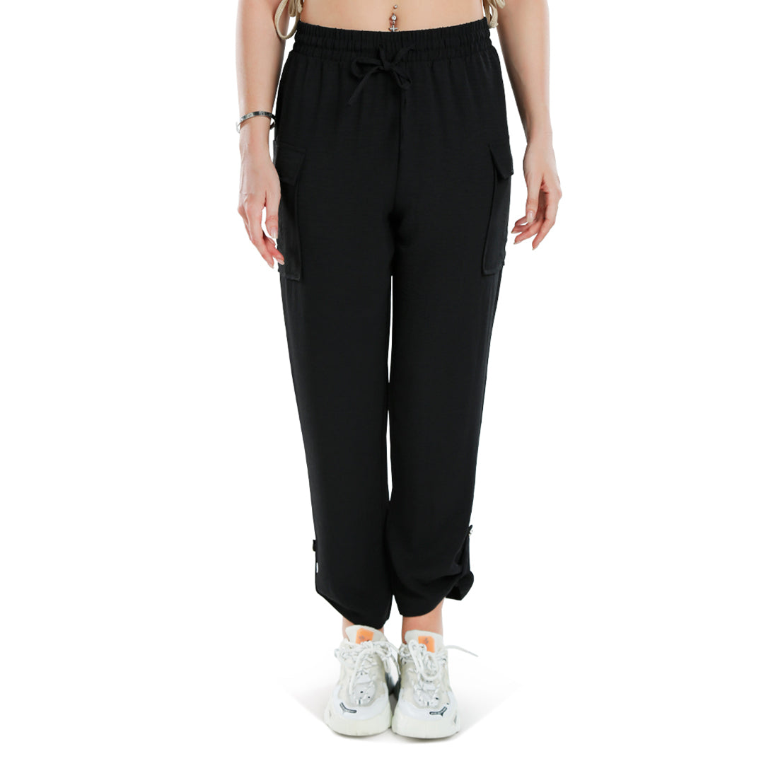 drawstring waistband cargo pants#color_black