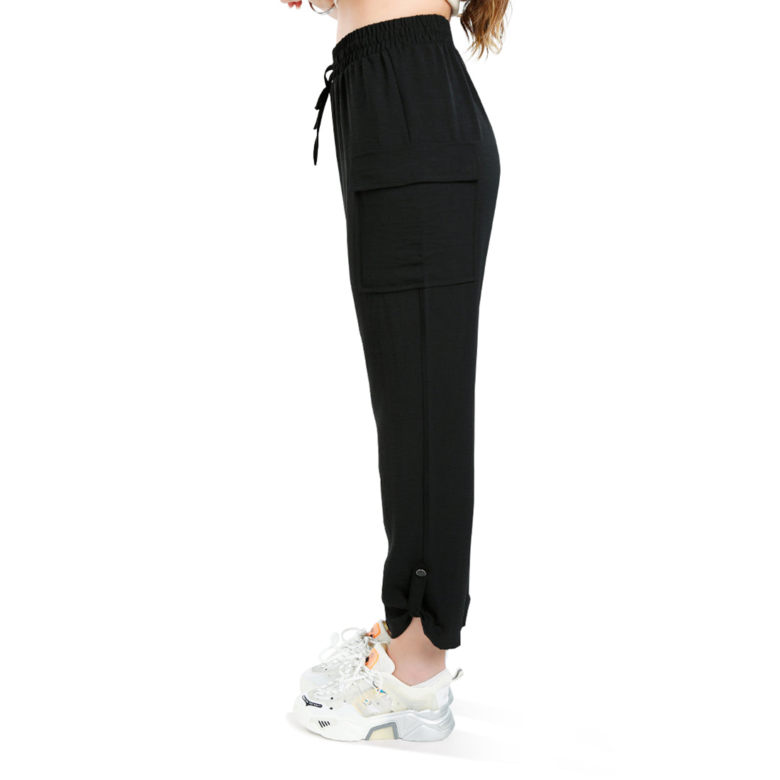 drawstring waistband cargo pants#color_black