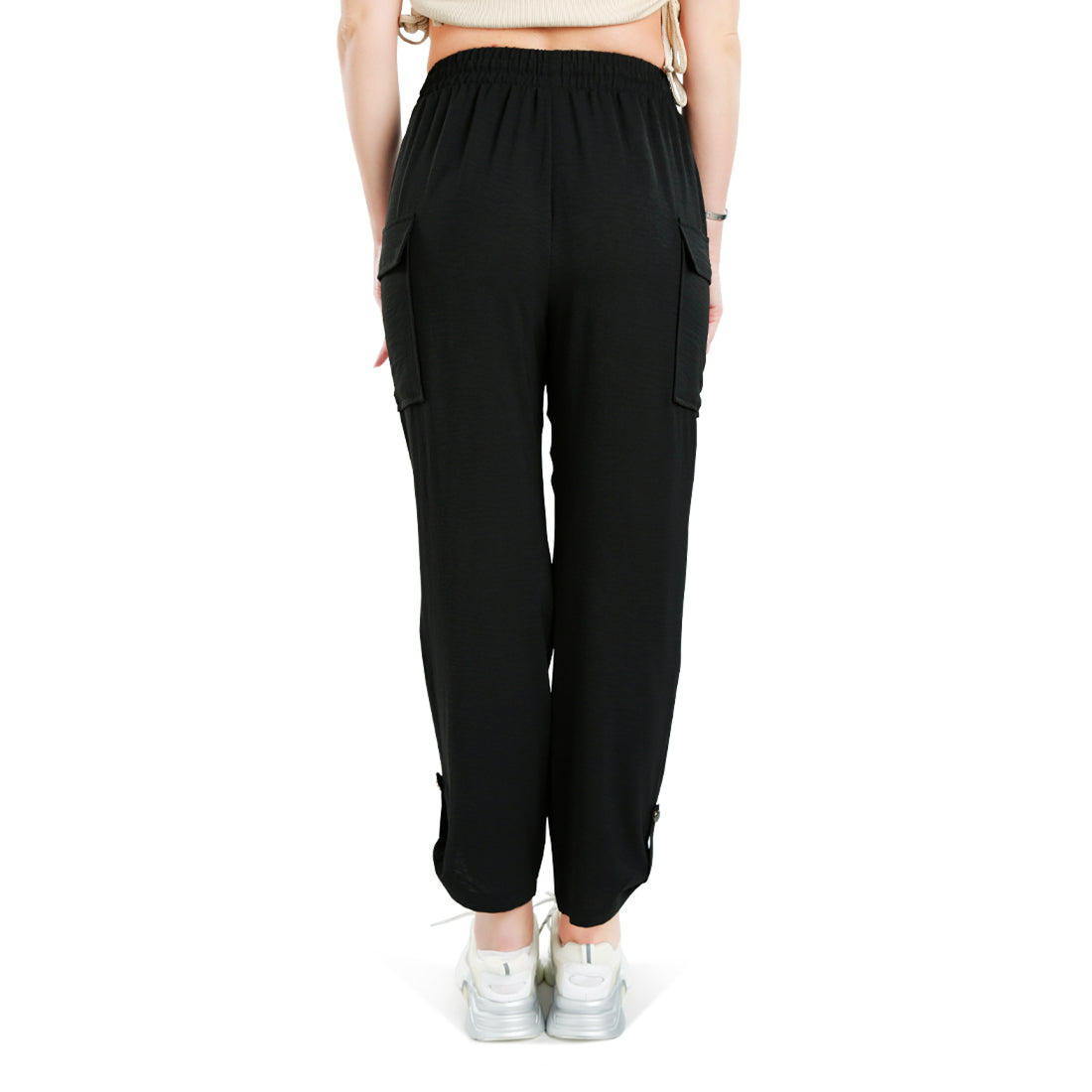 drawstring waistband cargo pants#color_black