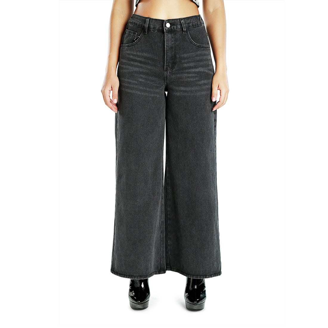 wide legged solid denim pants#color_black