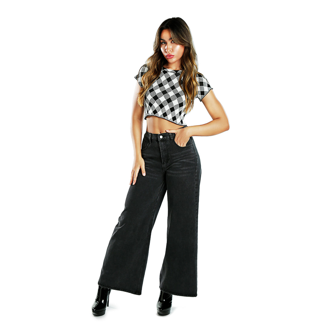 wide legged solid denim pants#color_black