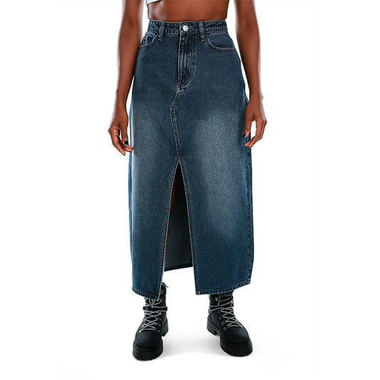 solid front slit denim skirt#color_navy