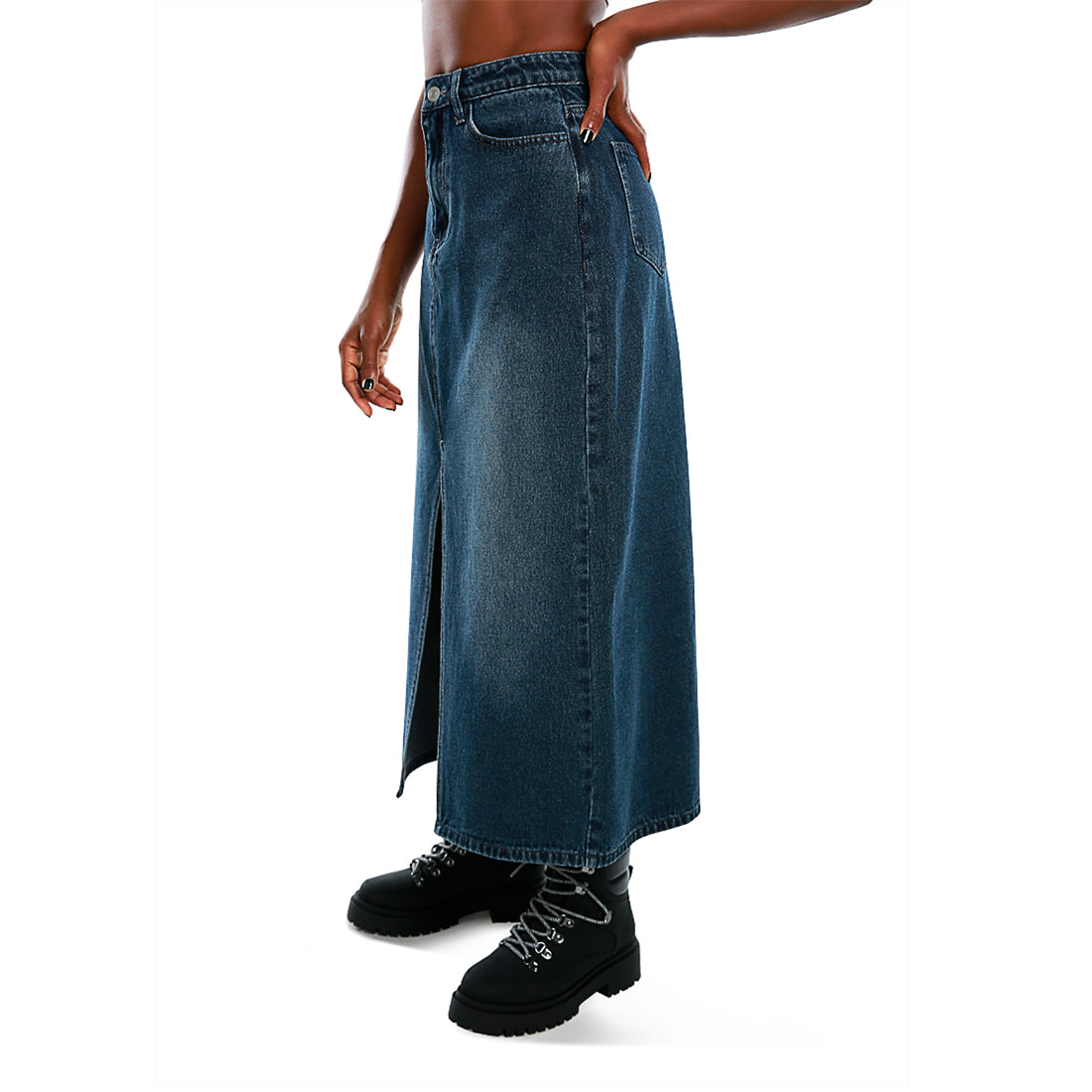 solid front slit denim skirt#color_navy