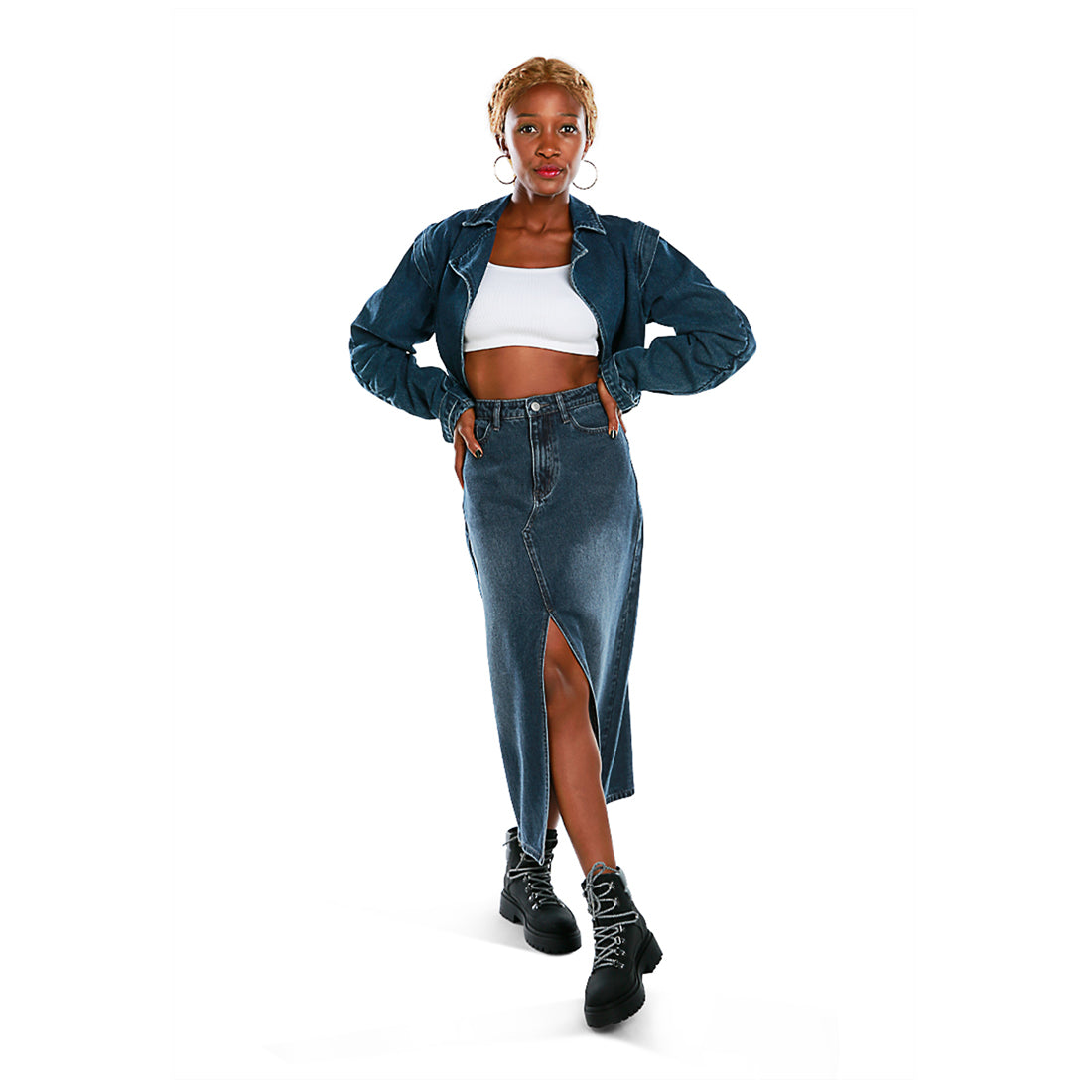 solid front slit denim skirt#color_navy