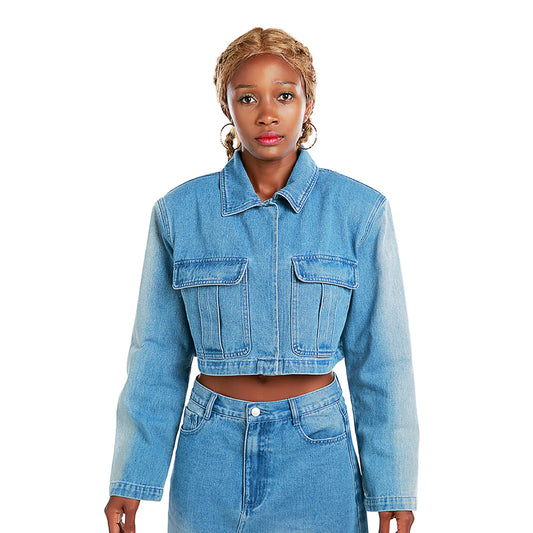 solid shoulder padded denim jacket#color_blue