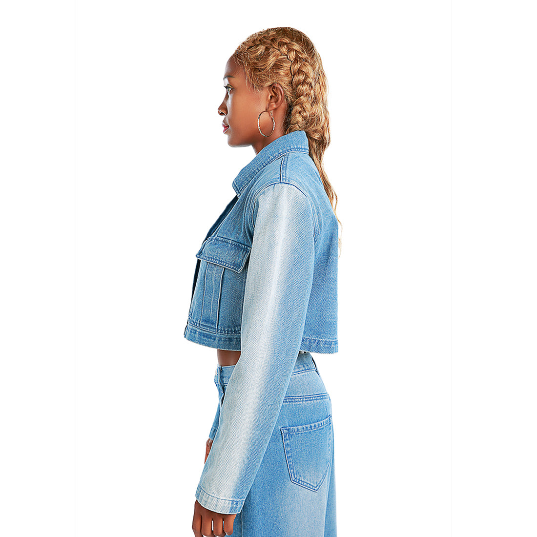 solid shoulder padded denim jacket#color_blue
