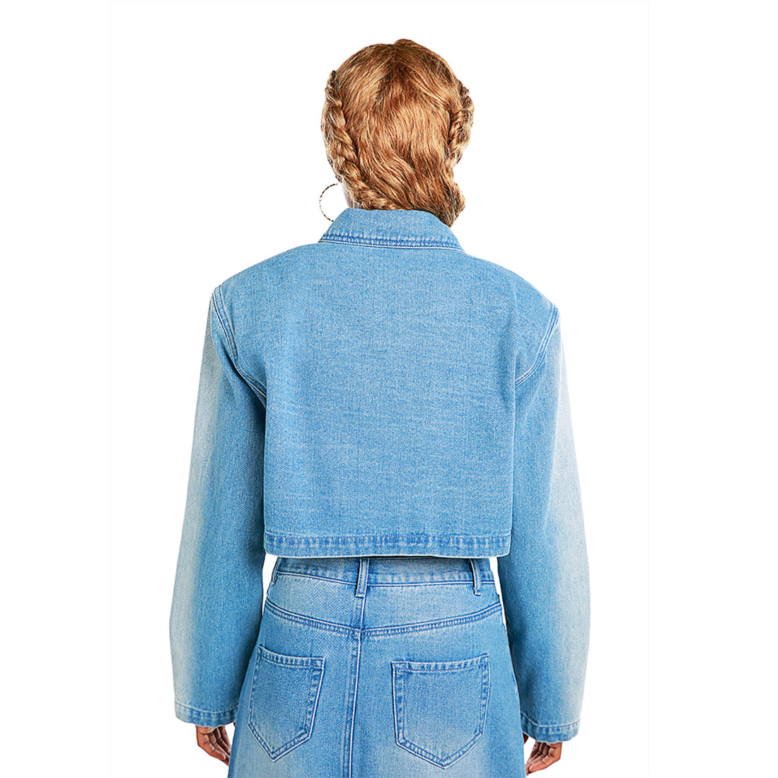solid shoulder padded denim jacket#color_blue
