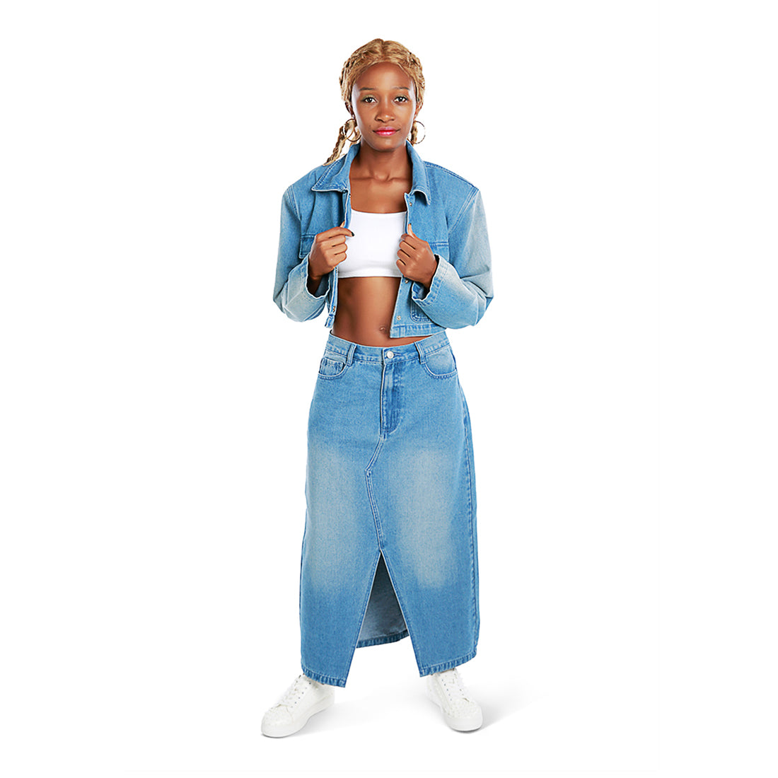 solid shoulder padded denim jacket#color_blue