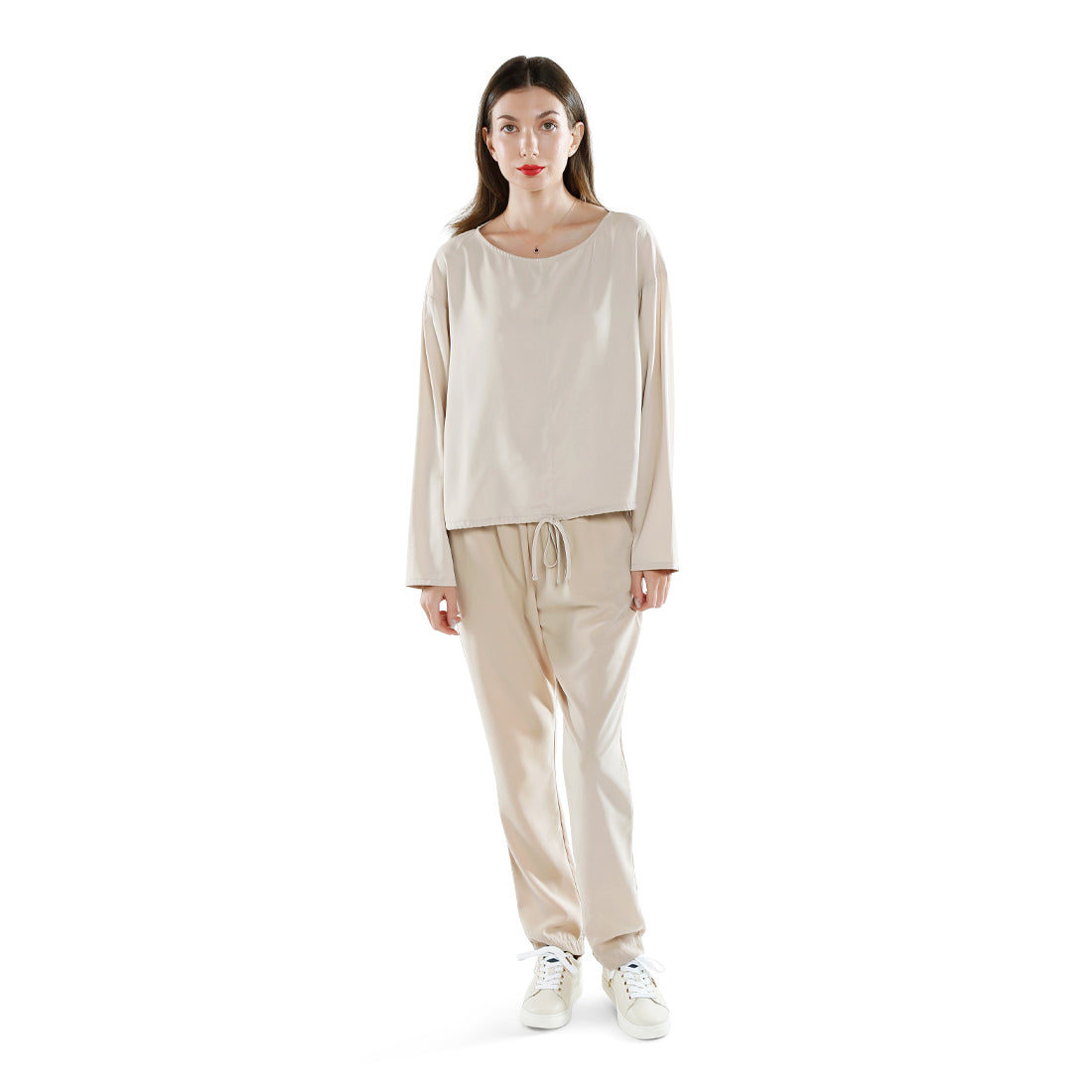 drawstring relaxed top#color_beige