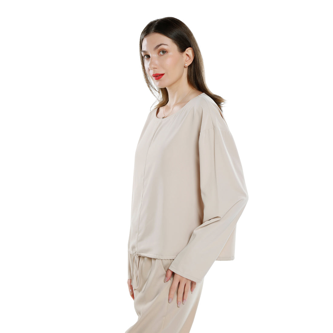 drawstring relaxed top#color_beige