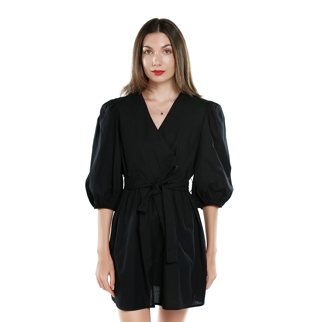 v-neck belt dress#color_black