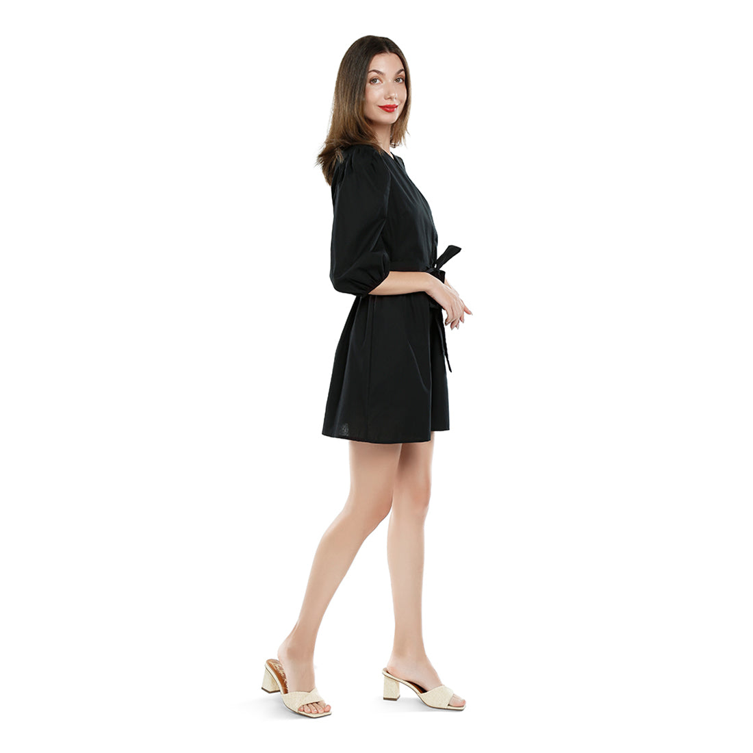 v-neck belt dress#color_black