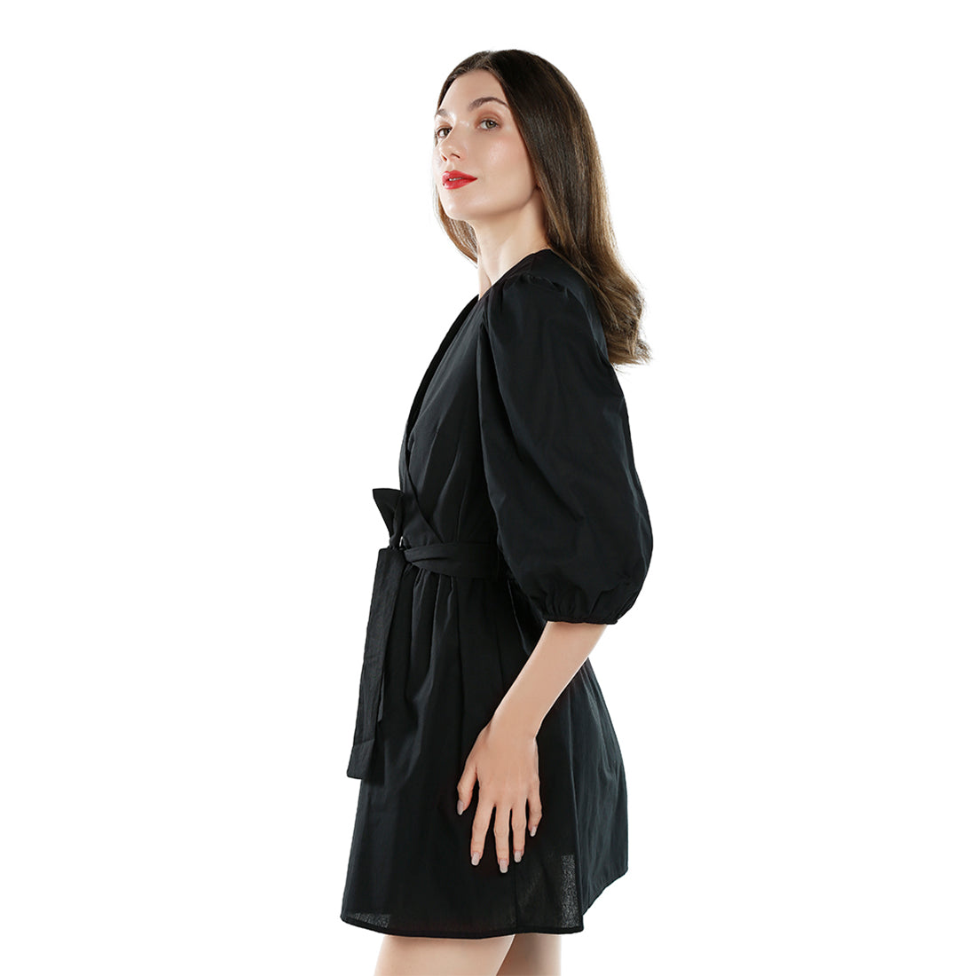 v-neck belt dress#color_black