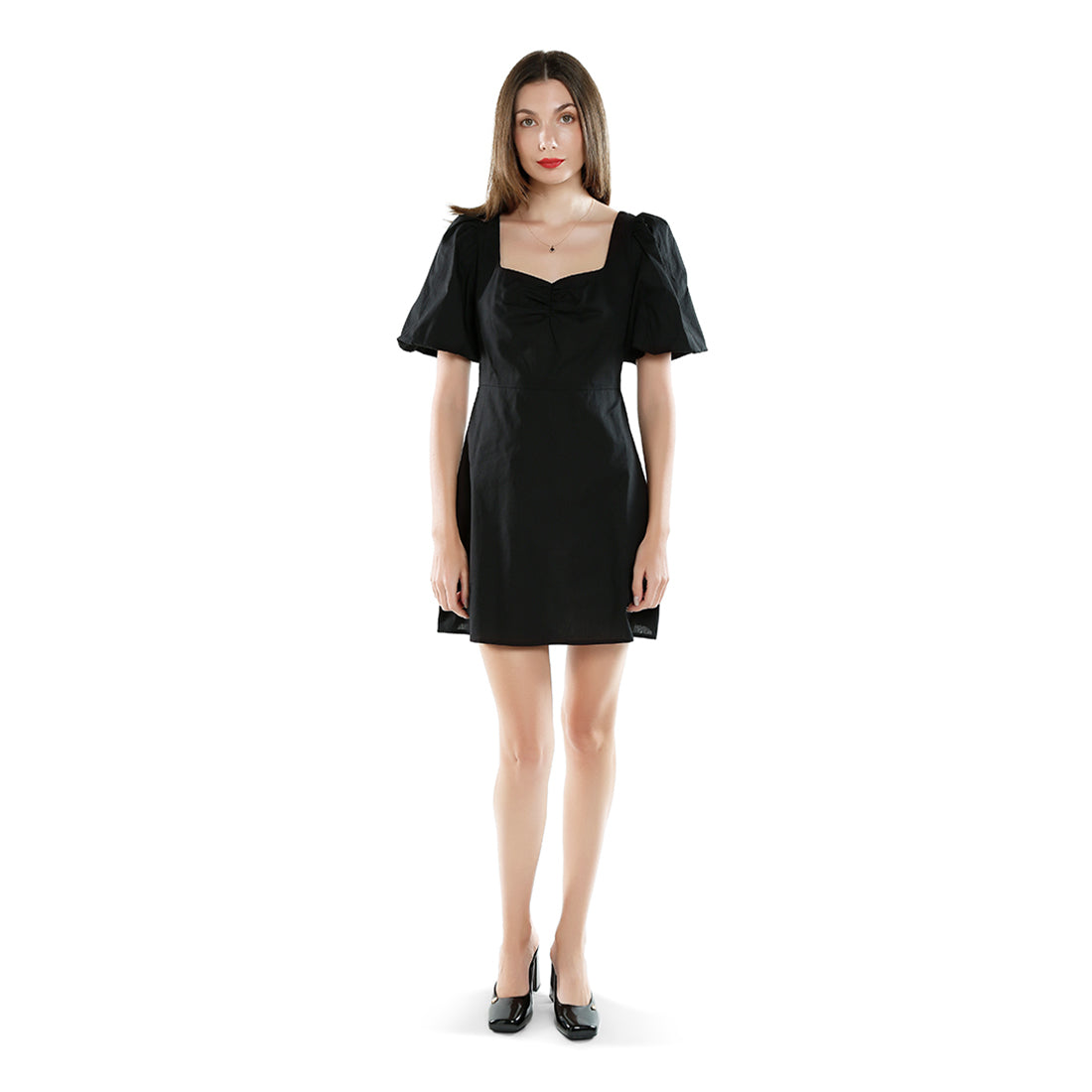 sweetheart neck a-line dress#color_black