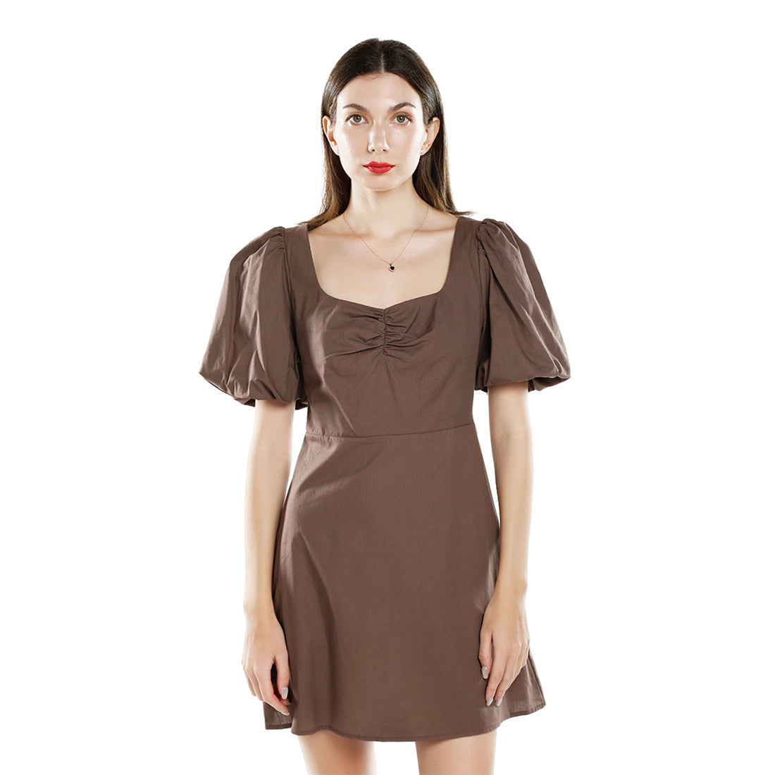 sweetheart neck a-line dress#color_brown