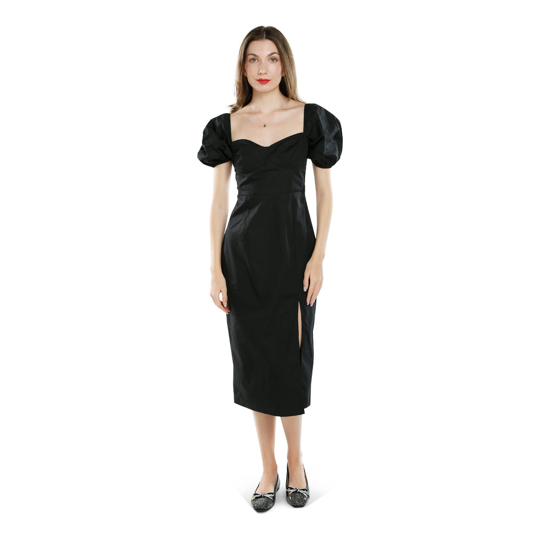 puff sleeves slit dress#color_black